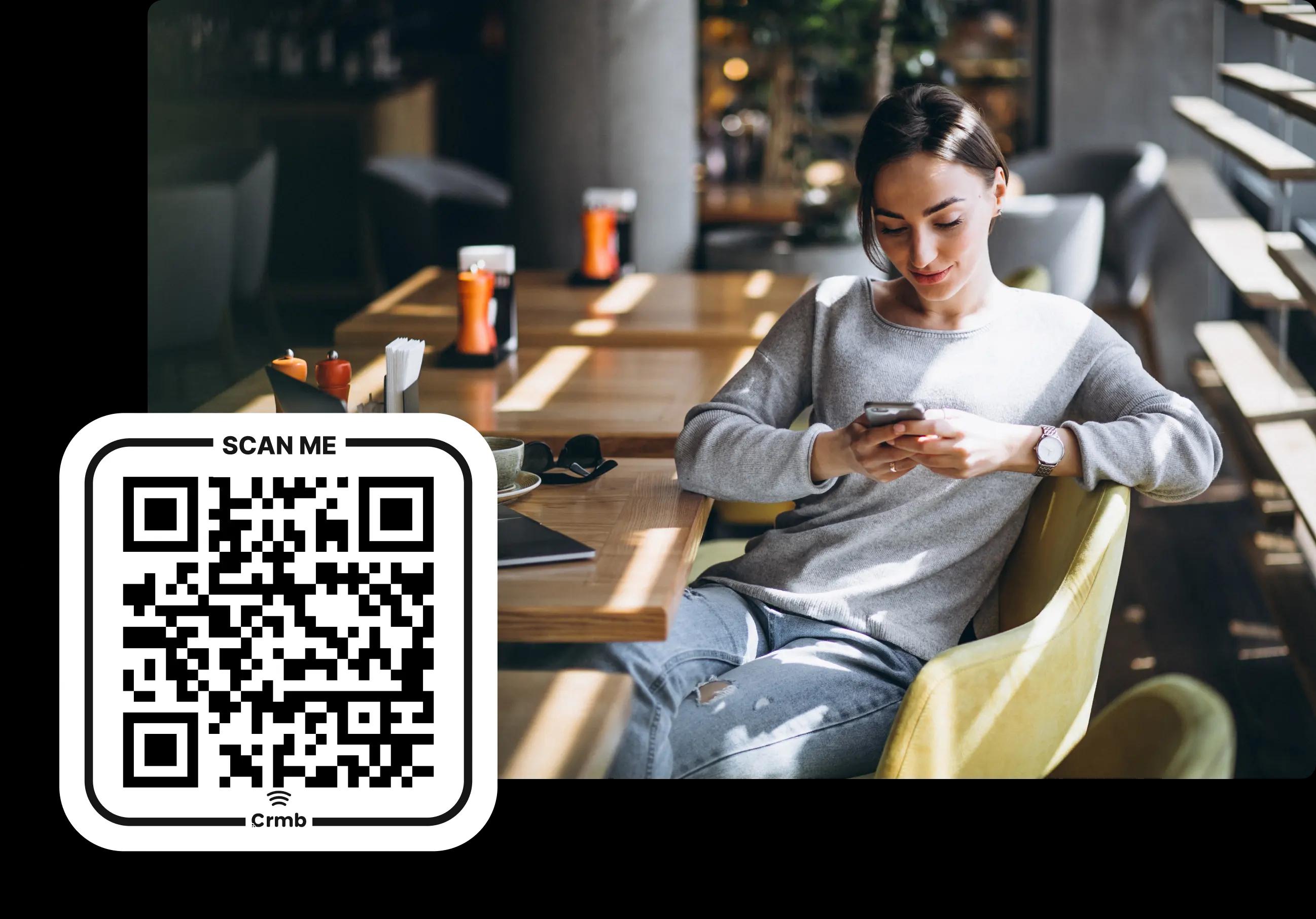 a woman using a cellphone, a QR code